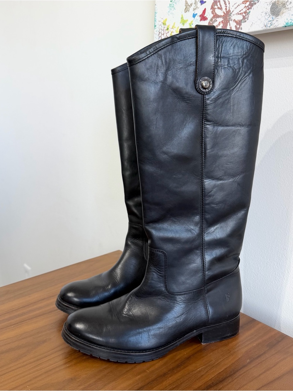 Frye Melissa Lug Sole Button Tall Boots black leather riding boot